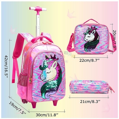 Conjunto escolar com mochila de unicórnio com rodas, lancheira e estojo em padrão rosa e azul