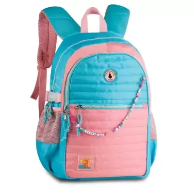 Mochila azul e cor-de-rosa com bolso e alças acolchoadas