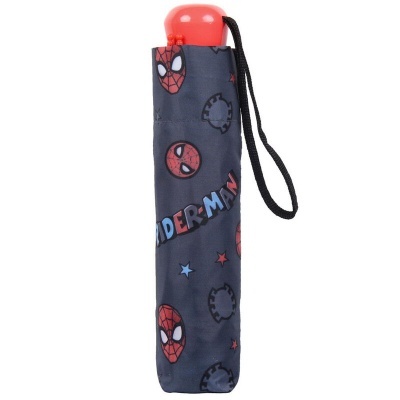 Guarda-chuva infantil Homem-Aranha fechado com capa azul escuro e pega vermelha