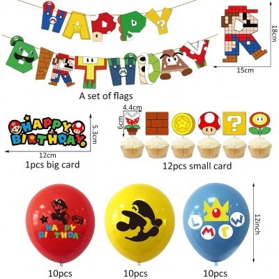 Conjunto de decoração de aniversário com bandeirolas coloridas, cartões ilustrados e balões temáticos de videojogos.