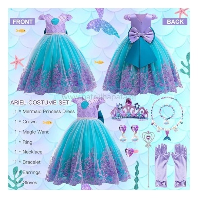 Conjunto fantasia Ariel com vestido azul e lilás, acessórios e luvas lilás