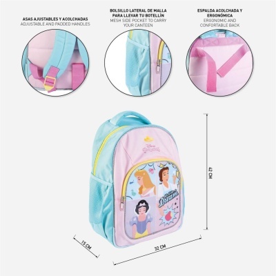 mochila infantil rosa e azul com personagens das Princesas Disney