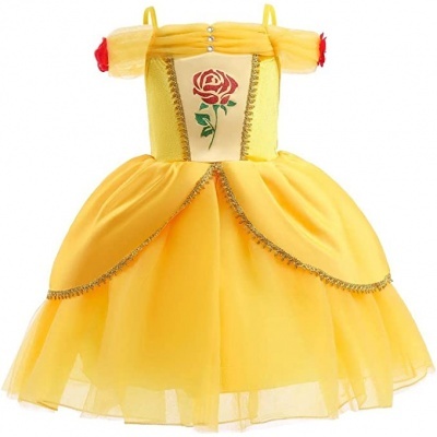 Vestido infantil de princesa amarelo com estampa de rosa