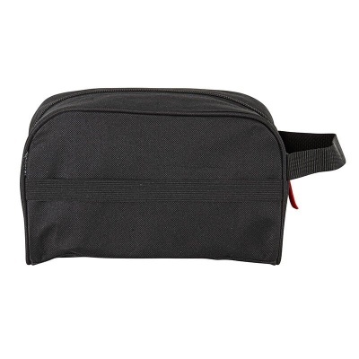 Necessaire preta de tecido com fecho de correr e asa lateral