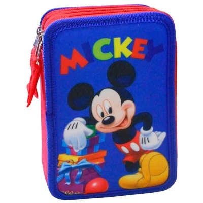 Estojo escolar azul e vermelho com imagem do Mickey Mouse e texto colorido