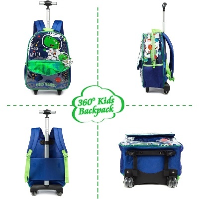 Mochila infantil com rodas azul e verde, estampada com dinossauro astronauta e puxador telescópico