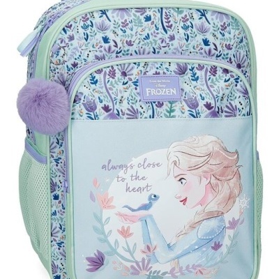 Mochila infantil Disney Frozen azul e lilás com imagem da Elsa e padrão floral