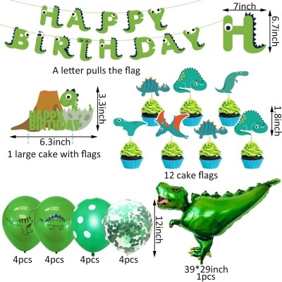 Conjunto de decoração de aniversário com bandeirolas verdes, balões de dinossauro e bandeiras para cupcakes