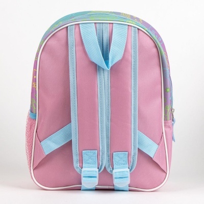 Mochila infantil cor-de-rosa com alças azuis claras e bolso lateral de rede