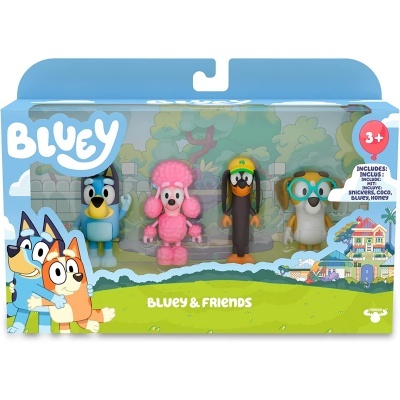 Pack de figuras Bluey & Friends com quatro personagens em embalagem azul para crianças a partir dos 3 anos.