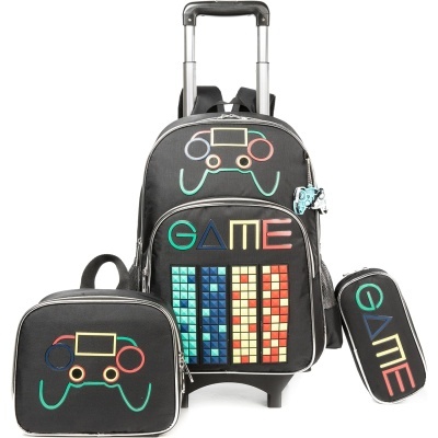 Conjunto de mochila de rodinhas, saco e estojo com design de comando de videojogo e padrões coloridos