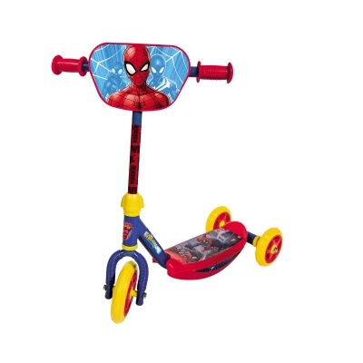 Trotinete infantil três rodas azul, vermelho e amarelo com tema Homem-Aranha