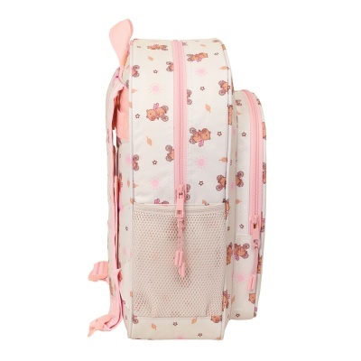 Mochila infantil rosa com padrão de ursos bicicletas e bolso em rede lateral