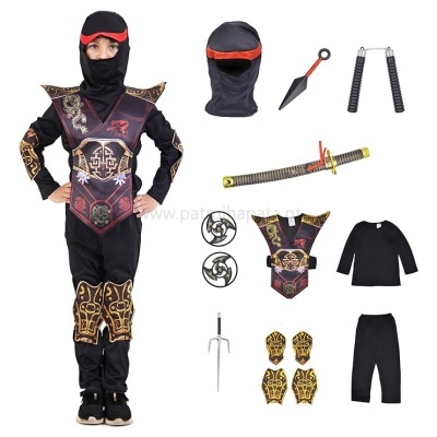 Fato de ninja infantil preto com detalhes dourados e vermelhos e acessórios variados.