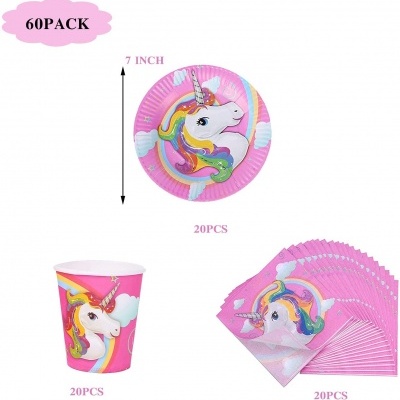 Conjunto de festa de unicórnio com pratos, copos e guardanapos cor de rosa