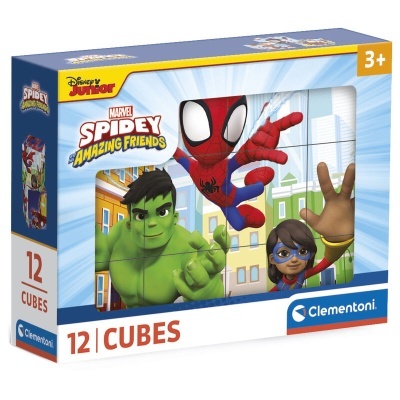 Caixa de brinquedo com 12 cubos com personagens Marvel Spidey Amazing Friends