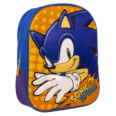 Mochila infantil azul e amarelo com personagem Sonic e texto SONIC SPEED