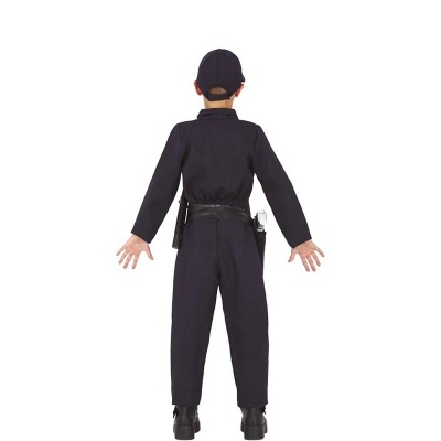 Criança de costas com fato de polícia preto e boné