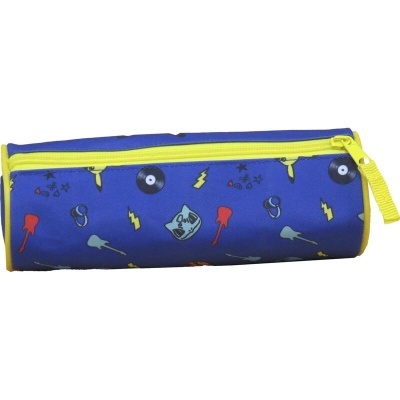 Estojo escolar cilíndrico azul com estampado musical e fecho amarelo