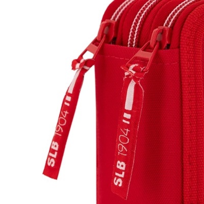 Estojo vermelho com molas e texto SLB 1904
