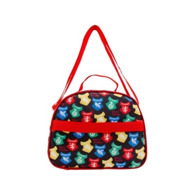 Mala pequena com padrão colorido de casas de cães e alça vermelha