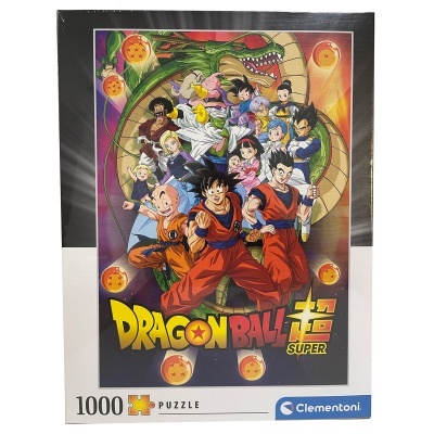 Caixa de puzzle Dragon Ball Super com várias personagens em cores vibrantes e 1000 peças