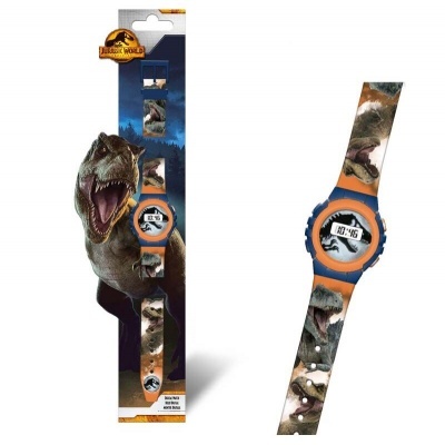 Relógio digital infantil Jurassic World com imagens de dinossauros e cores castanhas e azuis
