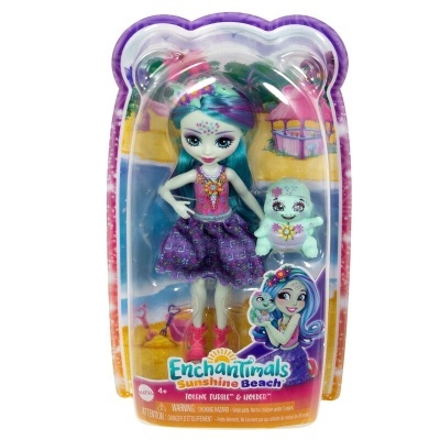 Boneca Enchantimals Sunshine Beach com vestido roxo e animal de peluche branco