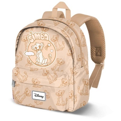 Mochila infantil bege com padrão do Simba e etiqueta Disney
