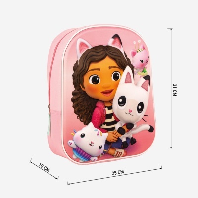 Mochila rosa com personagens animados em relevo e zíper lateral