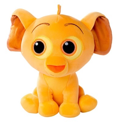 Peluche leão amarelo com olhos grandes sentado