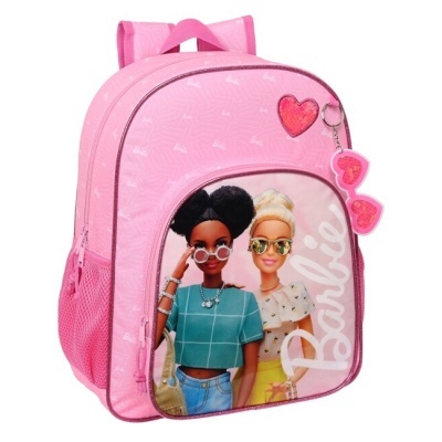 Mochila infantil rosa com estampa das bonecas Barbie e chaveiro de coração