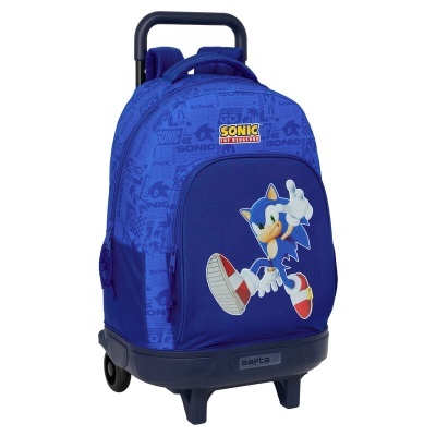 Mochila de rodinhas azul com personagem Sonic e textos visíveis SONIC THE HEDGEHOG e safta