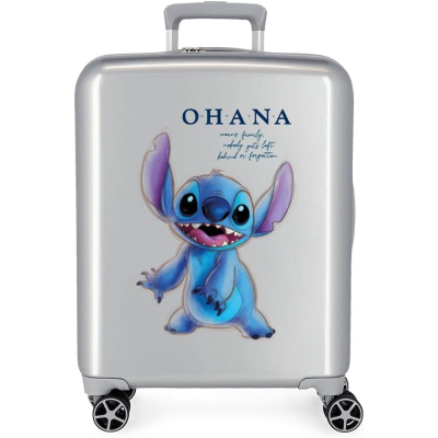 Mala rígida cinza prateada com desenho de Stitch e texto OHANA