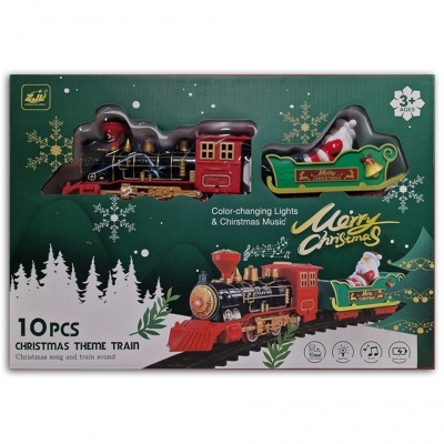 Conjunto de comboio de Natal preto e vermelho com luzes e música em embalagem verde com motivos natalícios