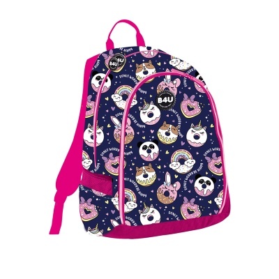 Mochila com padrão colorido de donuts e personagens cartoon em fundo azul escuro com detalhes rosa