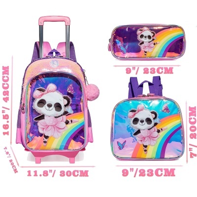 Set de mala de rodinhas, mochila e estojo com ursinha panda brilhante e arco-íris
