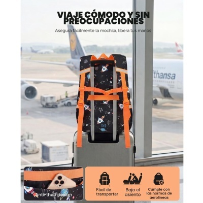 Mochila preta com padrão de foguetes e planetas presa a mala cinzenta num aeroporto