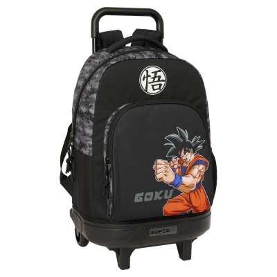 Mochila preta com rodas, estampada com Goku e símbolo japonês, marca Safta.