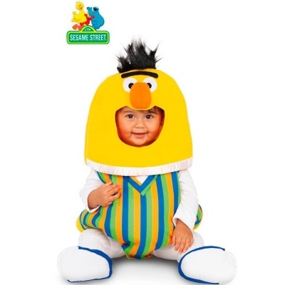 Fato de criança Bert da SESAME STREET com riscas coloridas e máscara amarela.