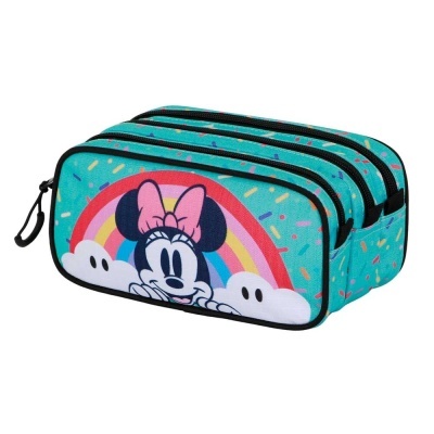 Estojo azul turquesa com imagem da Minnie Mouse e padrão colorido