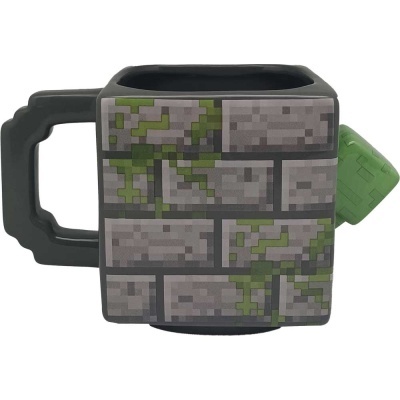 Caneca quadrada com padrão de blocos cinzentos e verdes e alça preta
