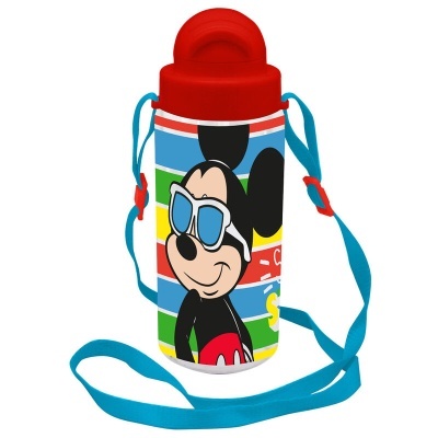 Garrafa térmica colorida com figura do Mickey Mouse e alça azul