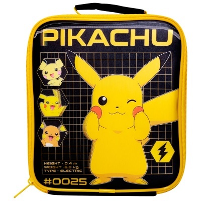 Mochila amarela e preta com imagem do Pikachu e texto relacionado às suas características