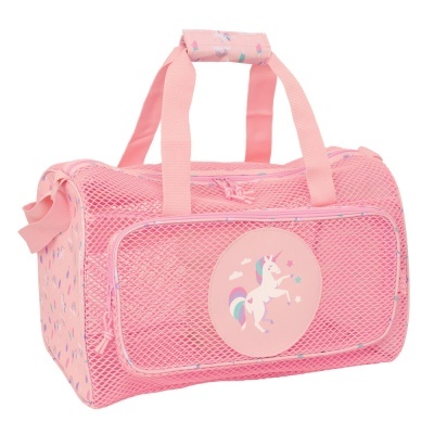 Mala rosa para criança com desenho de unicórnio e padrão de arco-íris
