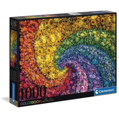 Caixa de puzzle Color Boom collection com 1000 peças da Clementoni com imagem floral colorida em espiral.