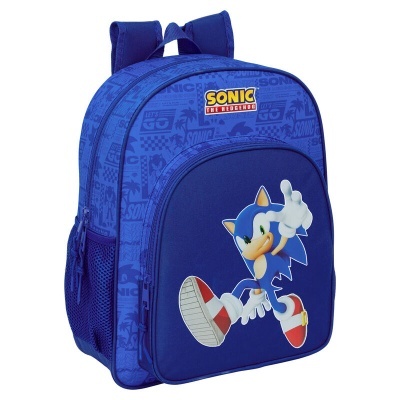 Mochila azul com imagem do personagem Sonic the Hedgehog e texto SONIC THE HEDGEHOG