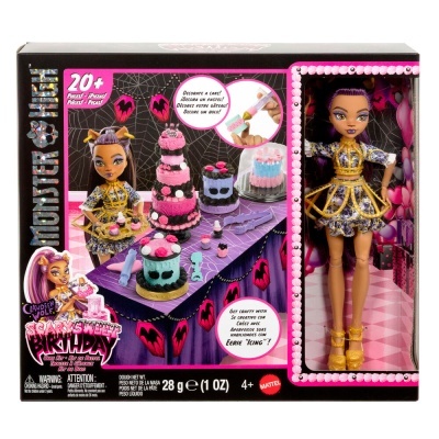 Boneca Monster High Clawdeen Wolf com kit para decorar bolos em caixa preta e pink