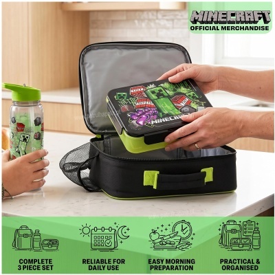 Conjunto lancheira e garrafa Minecraft, preto e verde, com personagens do jogo
