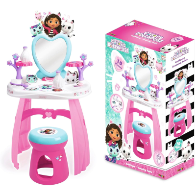 Penteadeira infantil cor-de-rosa com espelho coração e banco azul, com decoração de animais e personagem, embalada em caixa colorida